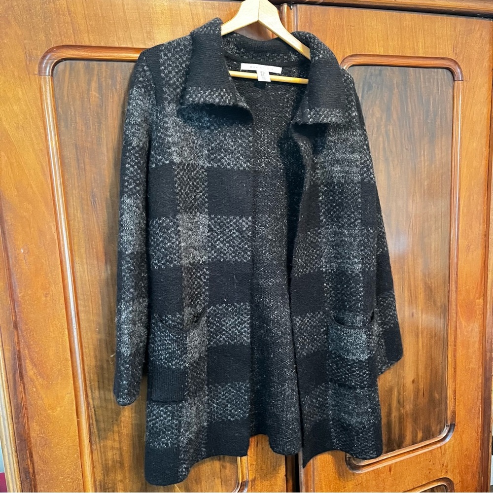 Max Studio Chic Black and Gray Plaid Sweater Coat Size M